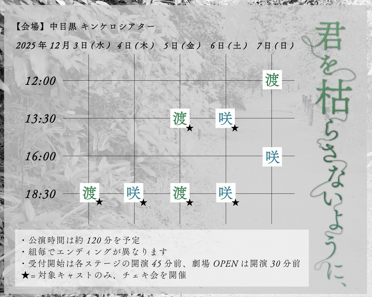 【舞台】2025年12/3(水)~12/7(日) 『君を枯らさないように、』出演決定！